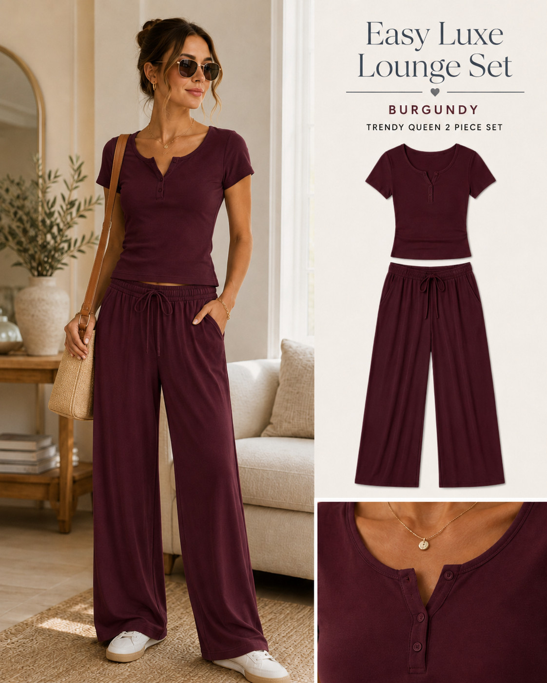 The Trendy Queen burgundy matching set that makes cozy look polished enough to wear out. 🍷✨

This Trendy Queen 2-piece Henley top and wide-leg pants set is the effortless Amazon outfit you’ll reach for when you want comfort without looking underdressed. 

The fitted short-sleeve Henley top creates a flattering, streamlined shape, while the high-waisted drawstring pants drape into a relaxed wide-leg silhouette that feels soft, easy, and elevated.

The rich burgundy color makes this matching lounge set perfect for transitioning into fall. 

Style it with white sneakers, delicate gold jewelry, and a neutral shoulder bag for coffee runs, errands, travel days, or casual weekend plans. 

Add a cardigan, denim jacket, or blazer when you want an extra layer.

Perfect for airport outfits, road trips, working from home, school drop-off, lounging, fall travel, and everyday casual outfits. 

Wear both pieces together for an instantly coordinated look, then mix the Henley top and wide-leg pants separately with denim, tanks, sweaters, and other wardrobe basics.

It’s the comfortable fall matching set that solves the “what do I wear?” problem in seconds—and this burgundy shade looks far more expensive than basic loungewear.

📌 SAVE this easy-luxe burgundy set before your size sells out!

Everything is linked! ↓

#LTKActive #LTKSaleAlert #LTKTravel