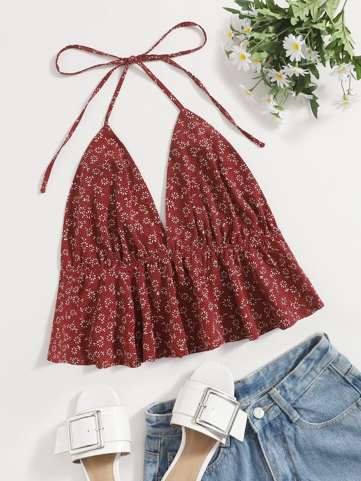 SHEIN WYWH Ditsy Floral Tie Back Halter Top | SHEIN
