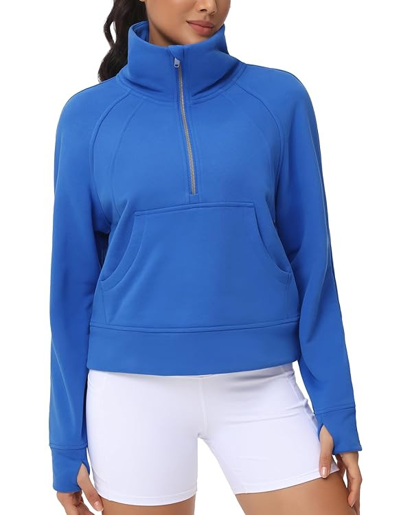 THE GYM PEOPLE Womens' Half Zip Pullover Fleece Stand Collar Crop Sweatshirt with Pockets Thumb H... | Amazon (US)