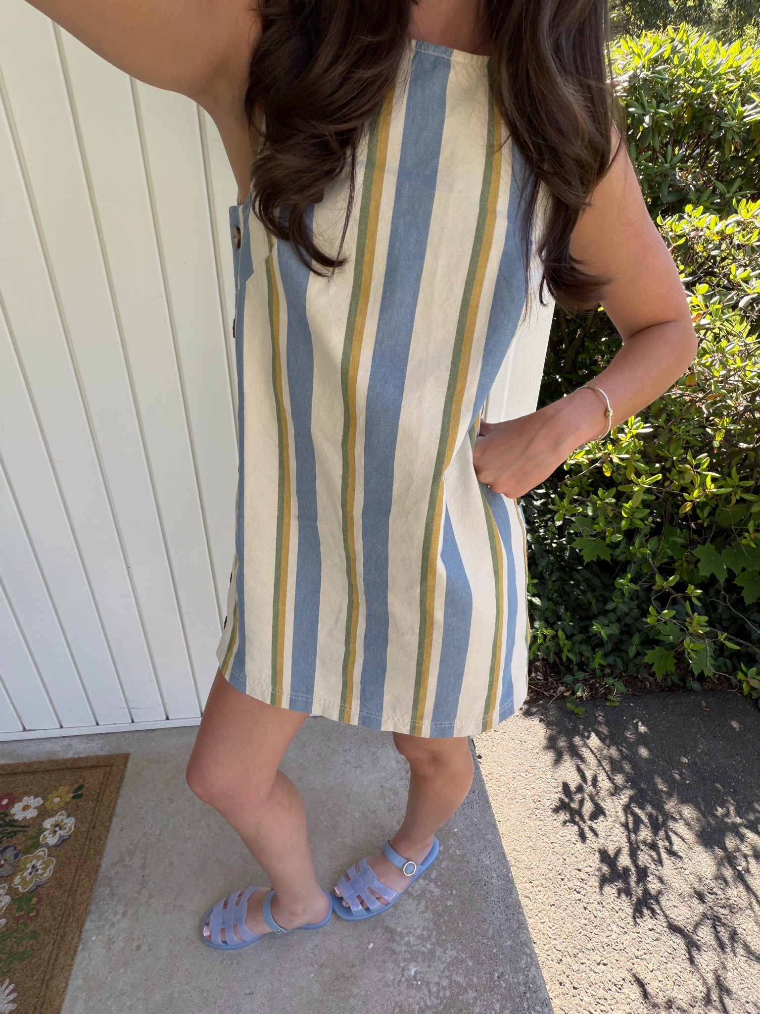 The cutest striped dress for summer and OBSESSED with the Jelly trend! Wearing a size 2 in the dress from Sezane. Shoes are also true to size! 

 #LTKdayinmylife #LTKgrwm #LTKootd
