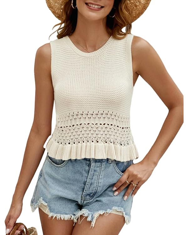 VIMPUNEC Womens Summer Crop Tank Tops Cute Knit Sweater Vest Crochet Sleeveless Pullover Top | Amazon (US)