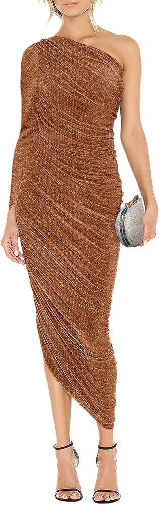 Gentlewarm Women's One Shoulder Cocktail Dress Glitter Sexy Ruched Bodycon Irregular Hem Prom Formal | Amazon (US)