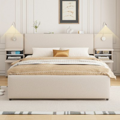 Queen Size Upholstered Platform Bed with Reading Lights, Drawers, Trundle, Storage Shelves, Linen Fabric, No Box Spring Needed | Target