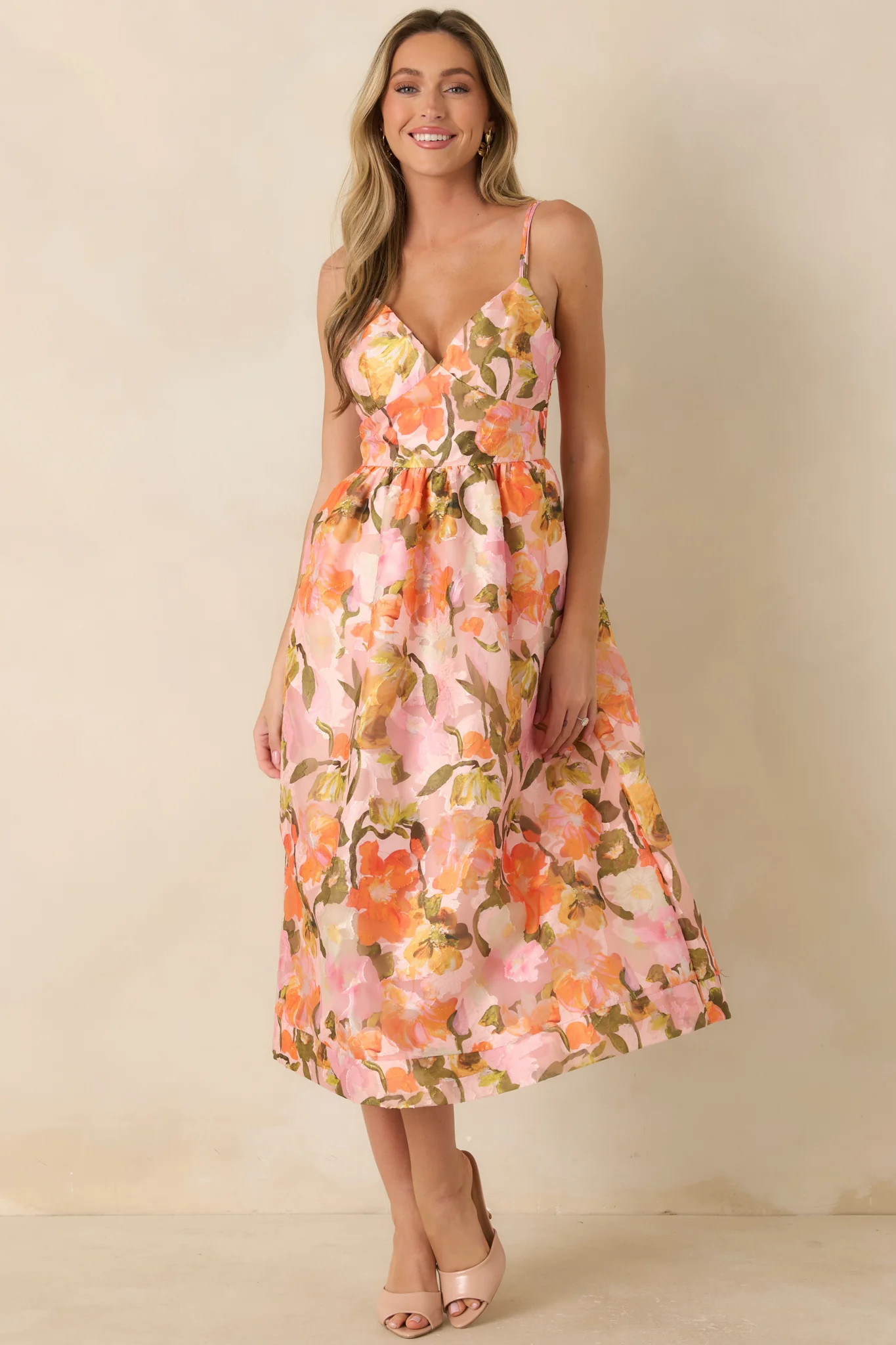 Blushing Bouquet Pink & Orange Floral Midi Dress | Red Dress