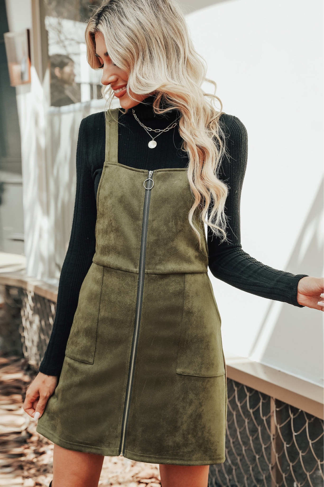 Cute fall fashion outfits ideas for fall. Green corduroy romper with black turtleneck top. Such a cute look!

#LTKstyletip