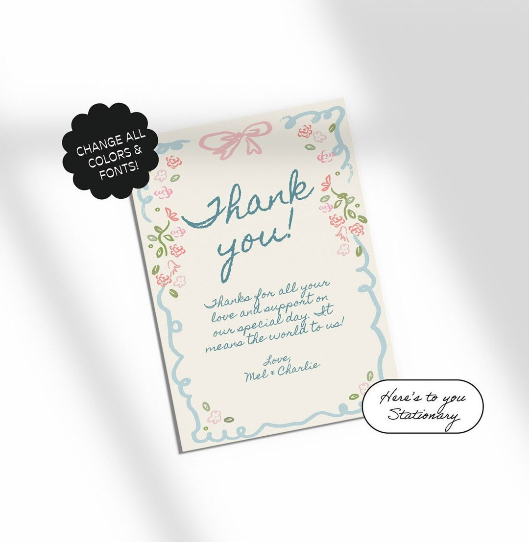 Thank You Card Template, Floral Hand Drawn, Ribbon, Handwritten Fonts, Garden Party Wedding, Scri... | Etsy (US)
