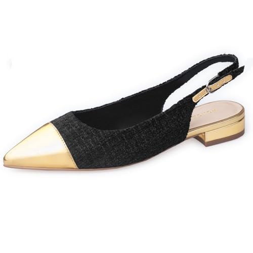 WONDERWAY Women Slingback Flats Tweed Pointed Toe Slingback Flats Cap Toe Dress Shoes for Women(Gold Black,8) | Amazon (US)