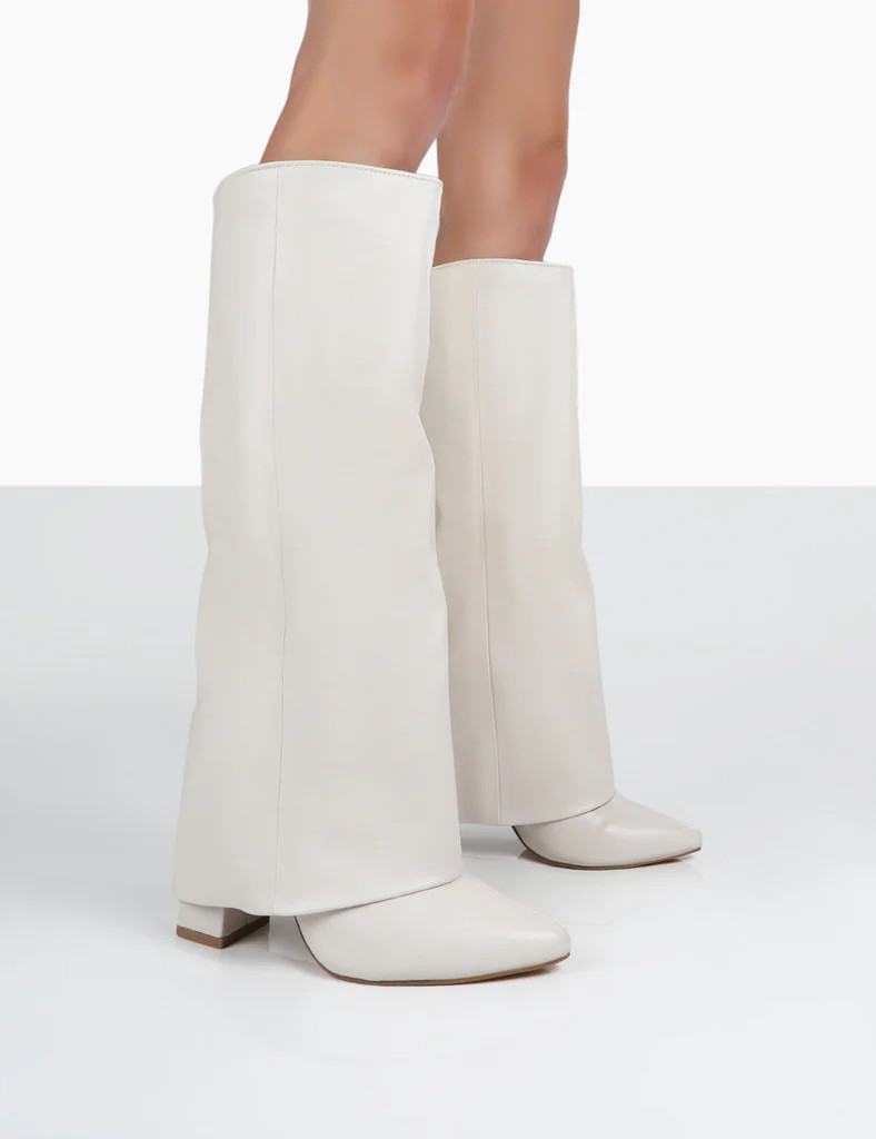 Zendaya Ecru Pointed Toe Knee High Boots | Public Desire (US & CA)