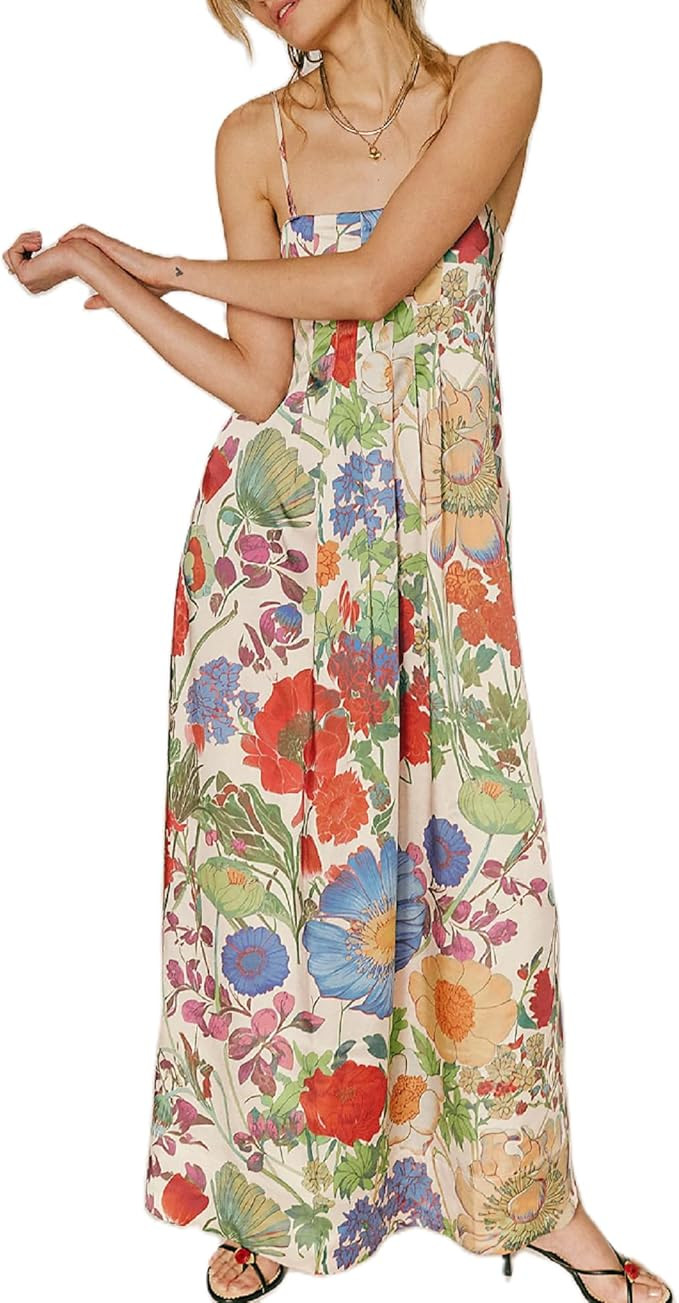 Women Floral Graphic Maxi Dress Square Neck Spaghetti Strap A-line Flowy Sundress Casual Long Bea... | Amazon (US)