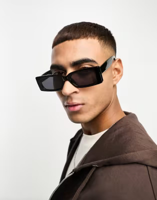 Pull&Bear thick framed rectangle sunglasses in black | ASOS (Global)
