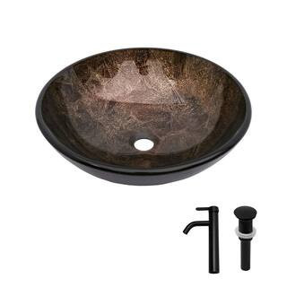16.5 in. Artistic Tempered Glass Vessel Bathroom Sink in Brown with Black Faucet and Pop-Up Drain, Oval Basin | The Home Depot