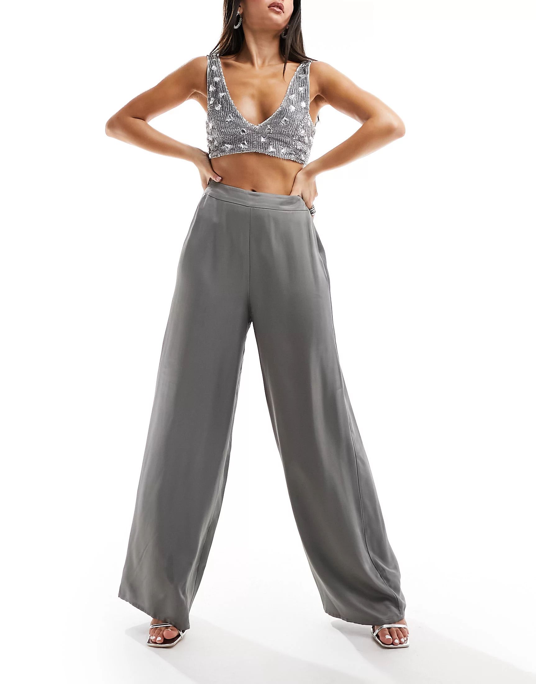Nobody's Child satin wide leg trousers in silver | ASOS (Global)