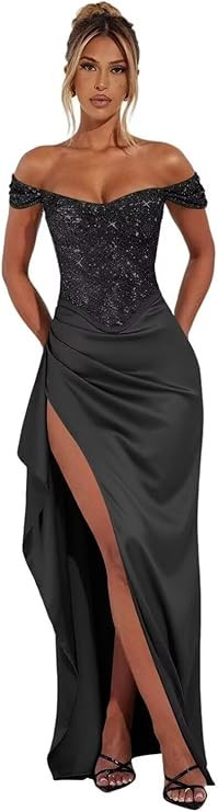 Sparkly Sequin Off Shoulder Prom Dresses 2026 Satin Mermaid Bodycon Formal Evening Party Gowns wi... | Amazon (US)