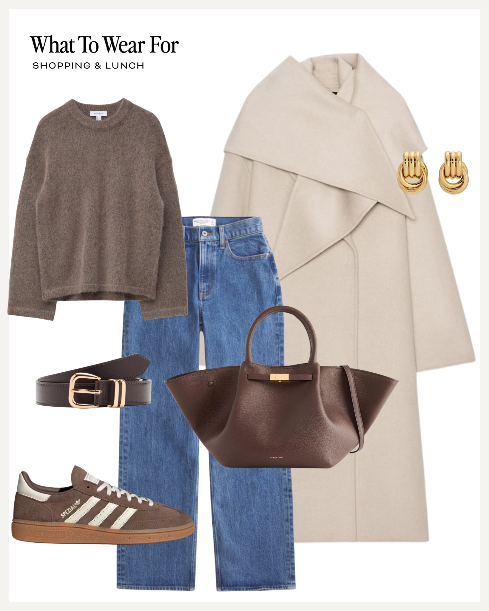 Autumn winter outfit inspo 

Wool coat / brown jumper / demellier tote bag / Abercrombie jeans / adidas spezials / neutral style 

#LTKuk #LTKautumn #LTKwinter