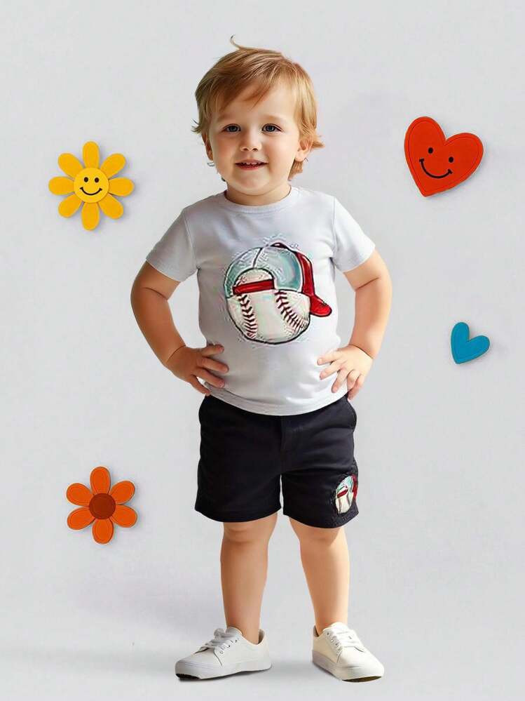 GraphicGems Baby Boy Casual Minimalist Fashionable Cap, Baseball Print Short Sleeve Round Neck T-... | SHEIN