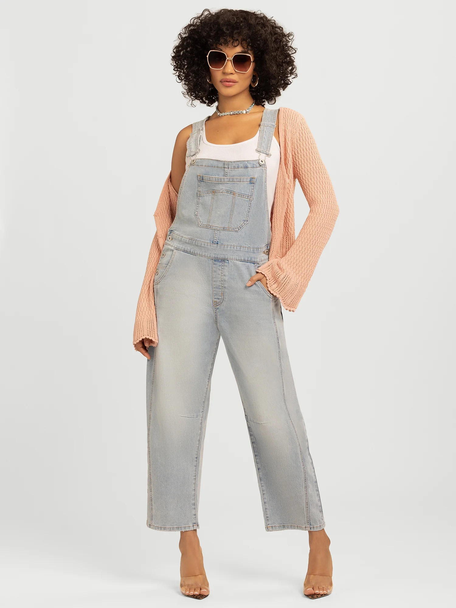 Jessica Simpson Women's Cropped Barrel Leg Denim Overalls, 26" Inseam, Size XS-XL | Walmart (US)