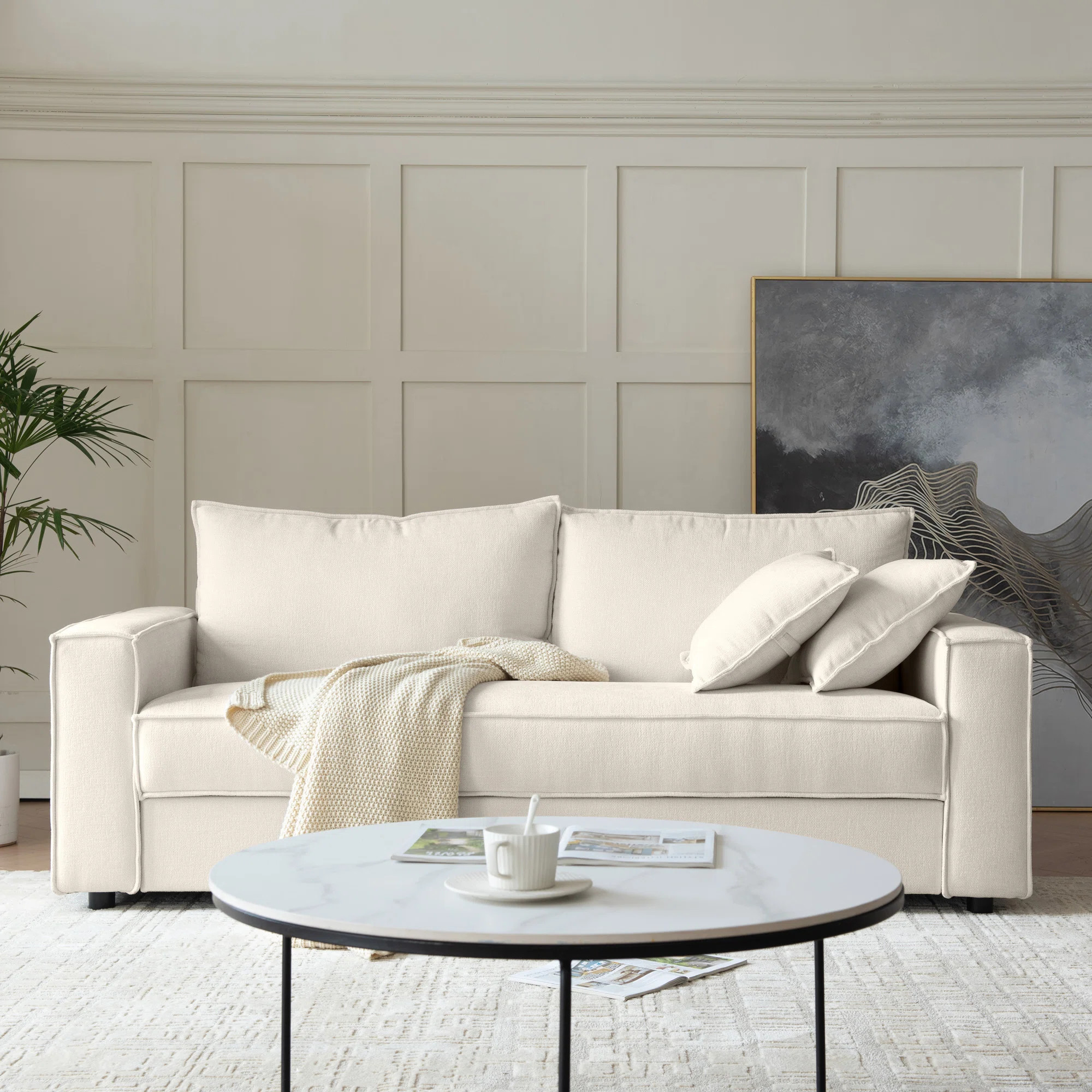 Alcantara 3-Seater 79.5'' Modern Upholstered Sofa with Square Armrests and 2 Throw Pillows | Wayfair North America