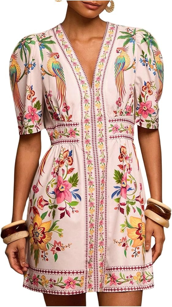 Floerns Women's Summer Tropical Mini Dress Puff Sleeve V Neck Vacation Outfit A Line Dresses | Amazon (US)