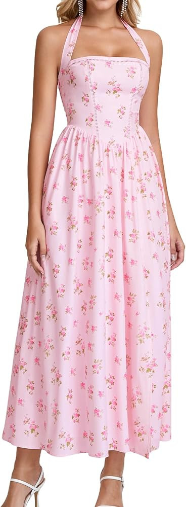GLNEGE Womens Halter Midi Corset Dresses Spring Summer Wedding Guest Floral Dress Flowy Slit Tea ... | Amazon (US)