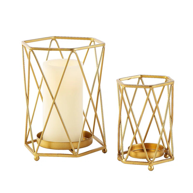 Gold Geometric Wire Pillar Candle Holders, All Seasons, Home Decor, Candle Holders & Accessories,... | Wayfair North America
