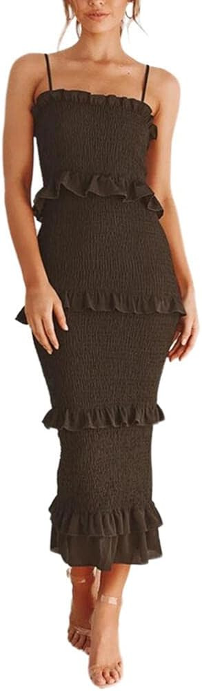 NH Summer Strap Pencil Dress Women Slim Ruched Sleeveless Backless Green Female Wrap | Amazon (US)