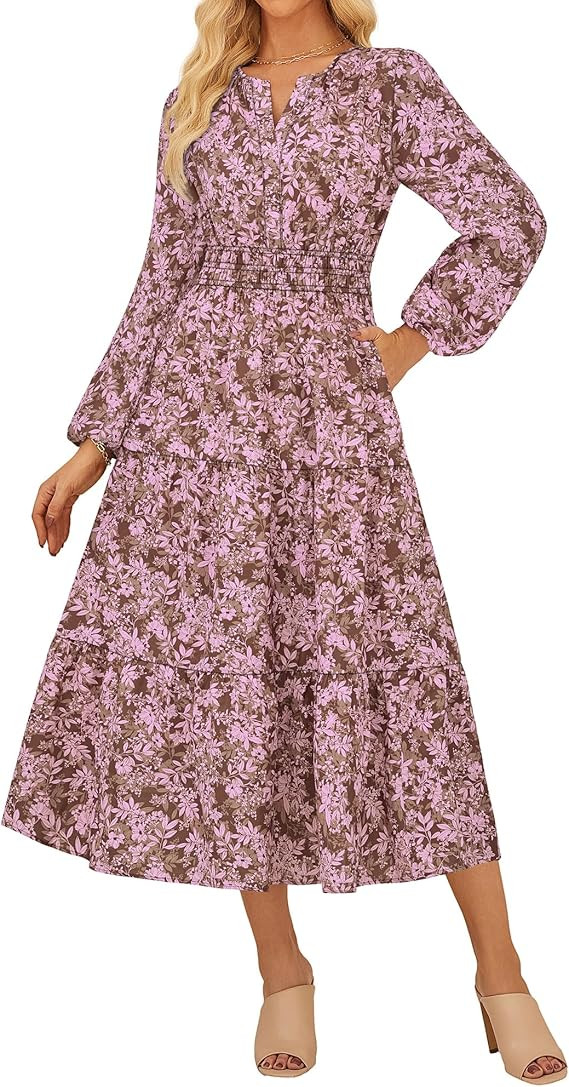 GRACE KARIN Womens Floral Maxi Dress 2026 Spring Wedding Guest Dress Long Sleeve V Neck Boho A Li... | Amazon (US)