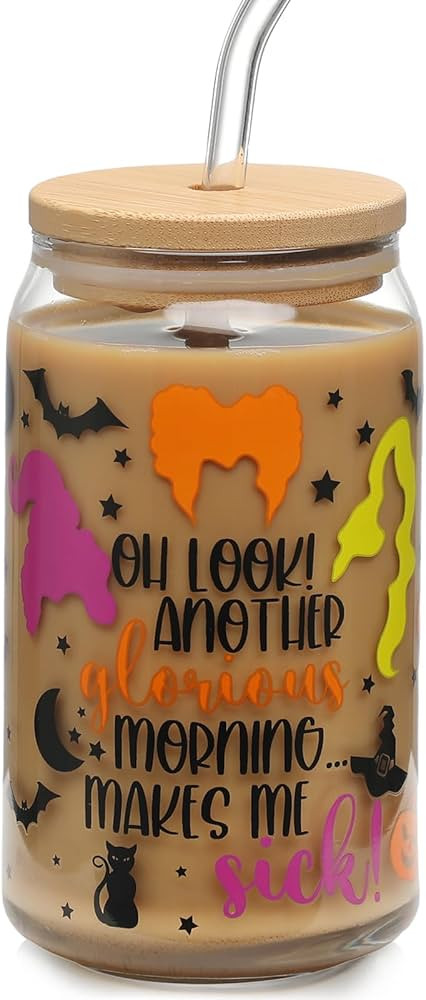 Halloween Iced Coffee Can Glass, Witch Drinking Glass Cup with Lid and Straw, 16oz Tumbler, Hallo... | Amazon (US)
