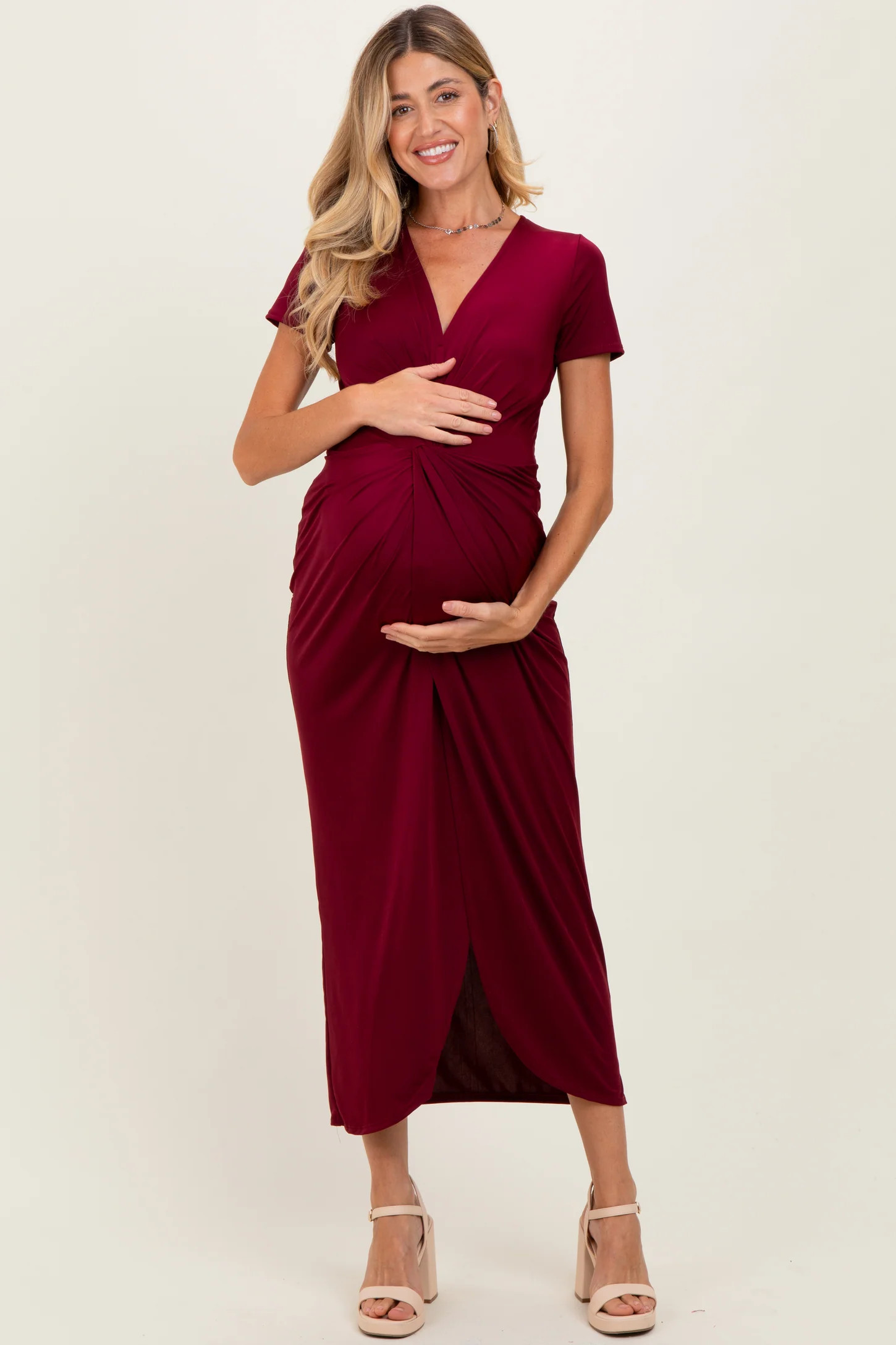 Burgundy Gathered Front Short Sleeve Maternity Maxi Dress | PinkBlush Maternity