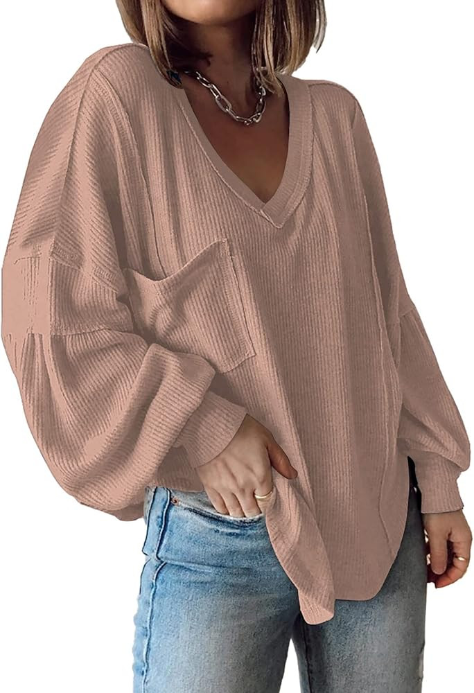 BTFBM Women's Casual V Neck Ribbed Knitted Shirts Pullover Tunic Tops Loose Balloon Sleeve Solid ... | Amazon (US)
