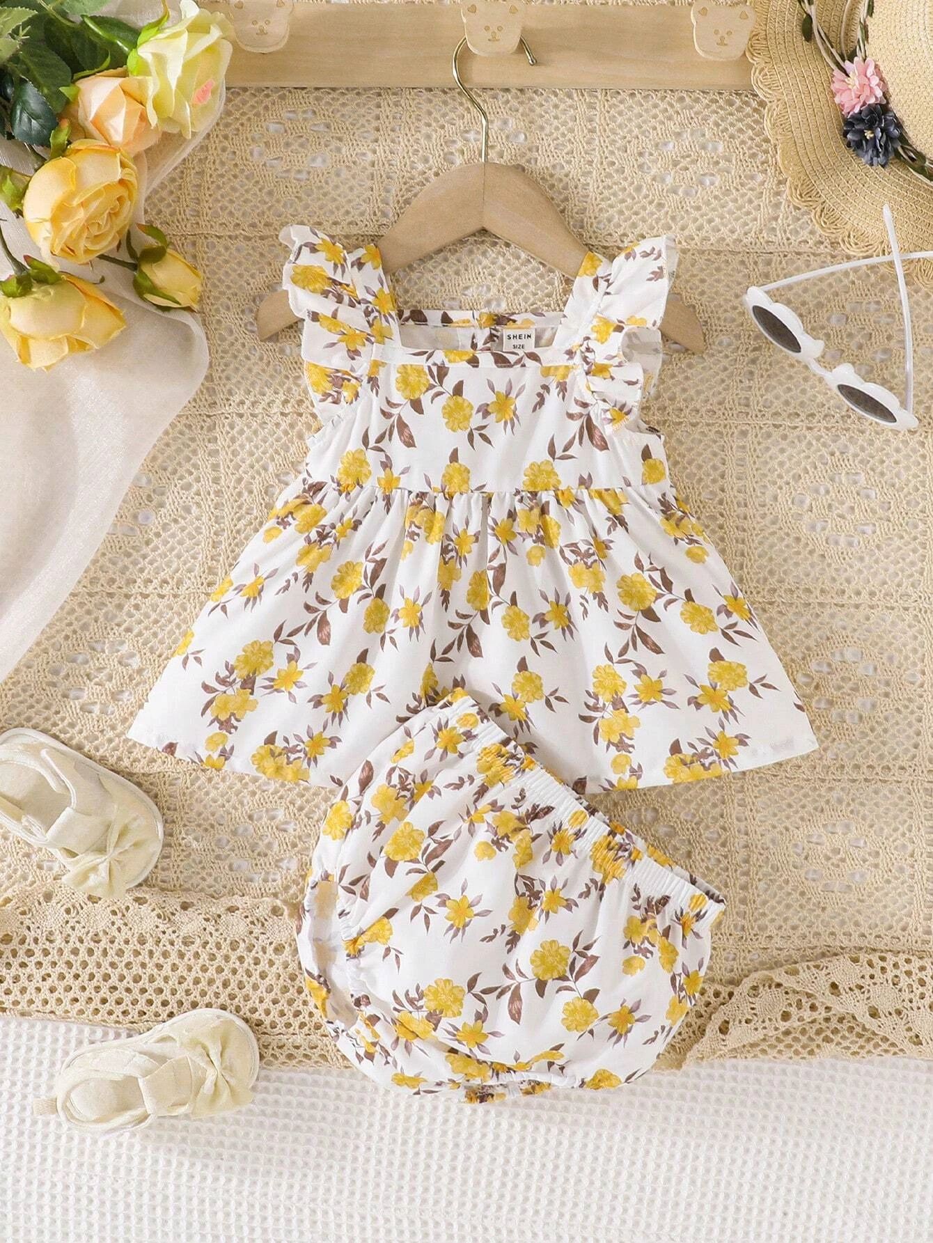 Baby Floral Print Ruffle Trim Peplum Top & Shorts | SHEIN