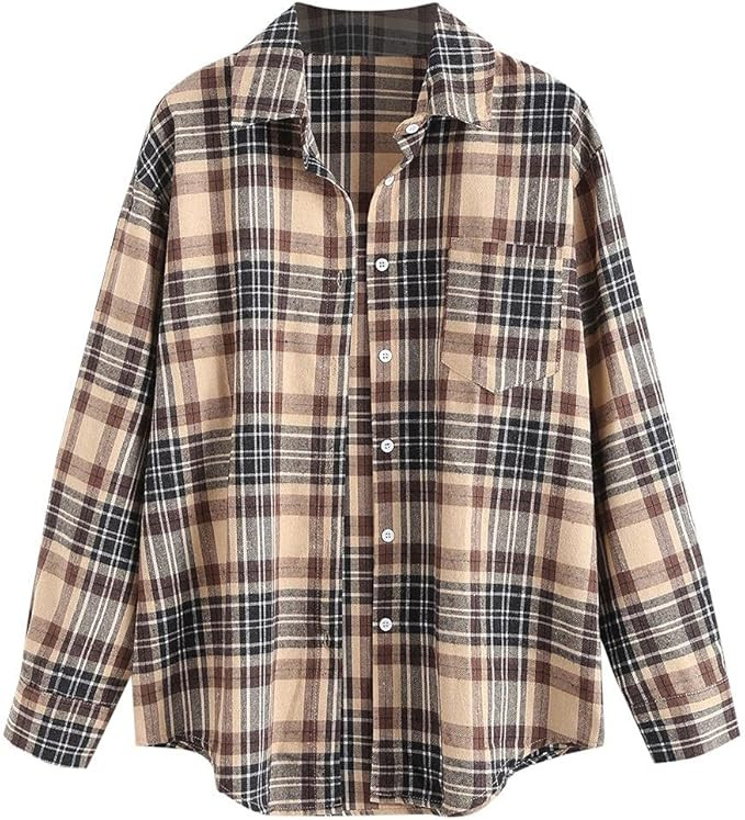 ZAFUL Women's Plaid Long Sleeve Shirt Button Down Thin Jacket Casual Flannel Plaid Shacket with P... | Amazon (US)