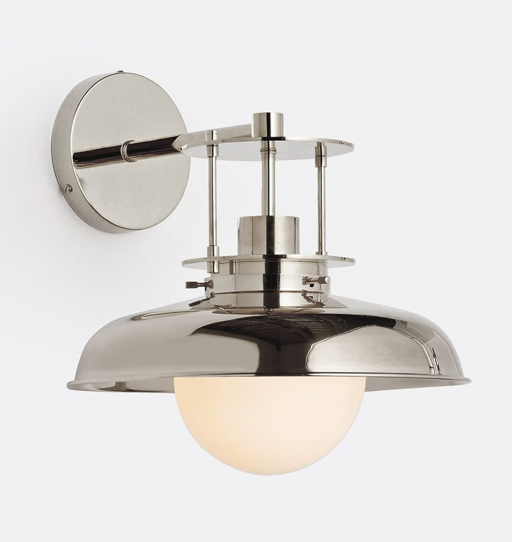 Rejuvenation Ormandy sconce in polished nickel with opal globe shade