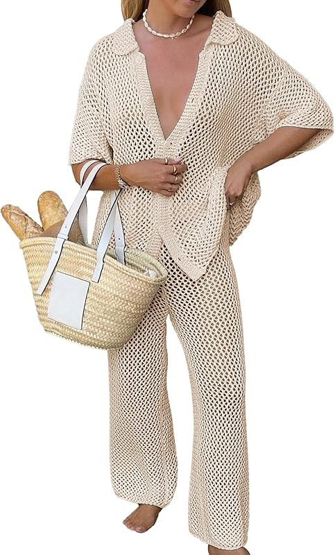 Famulily Womens Sexy Hollow Out Swimsuit Cover Up Sets Button Up Tops and Drawstring Pants 2 Piec... | Amazon (US)