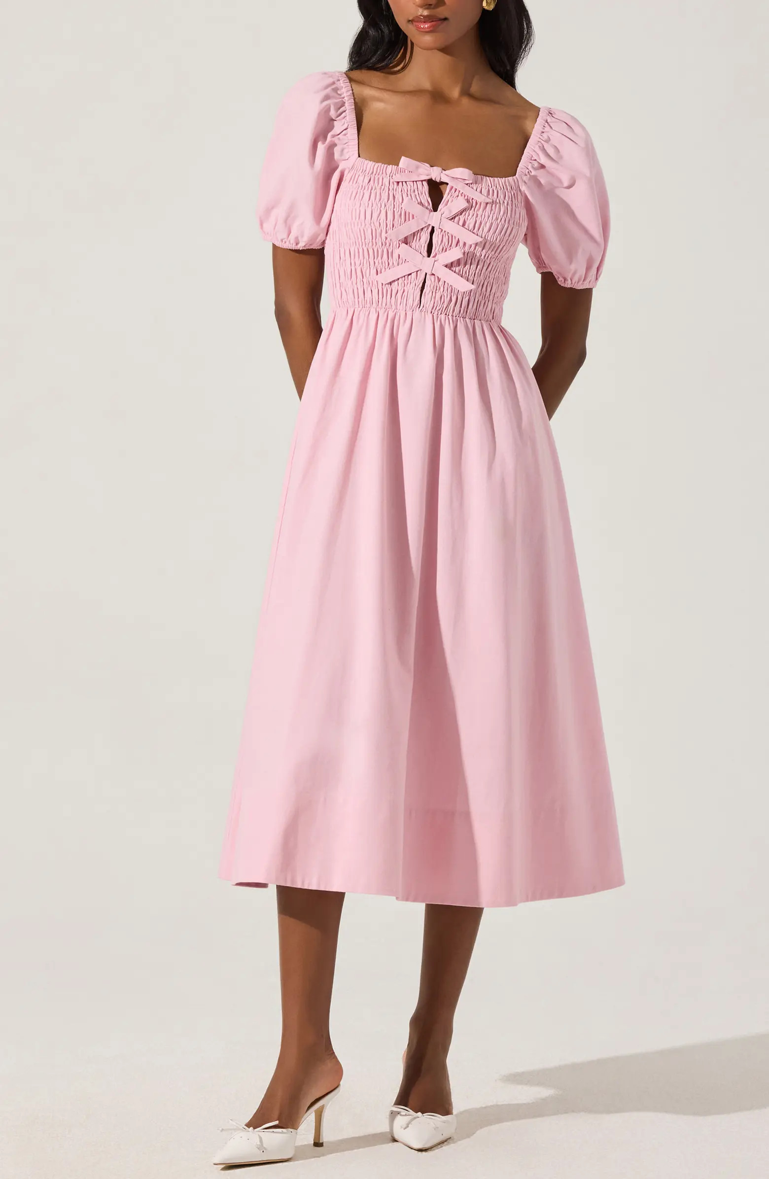 Bow Detail Smock Bodice Cotton Blend Dress | Nordstrom