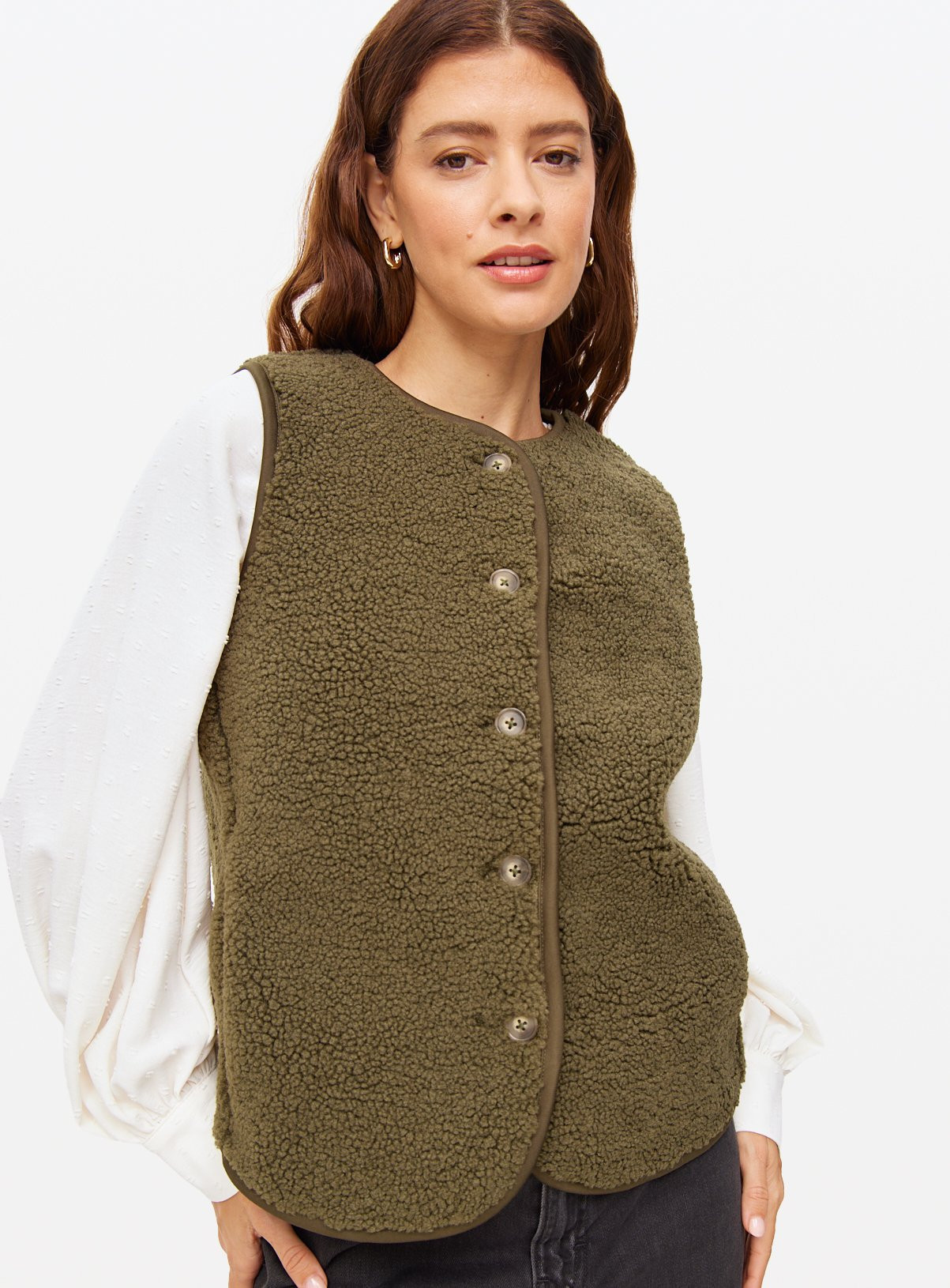 Khaki Collarless Borg Fleece Gilet S | argos.co.uk