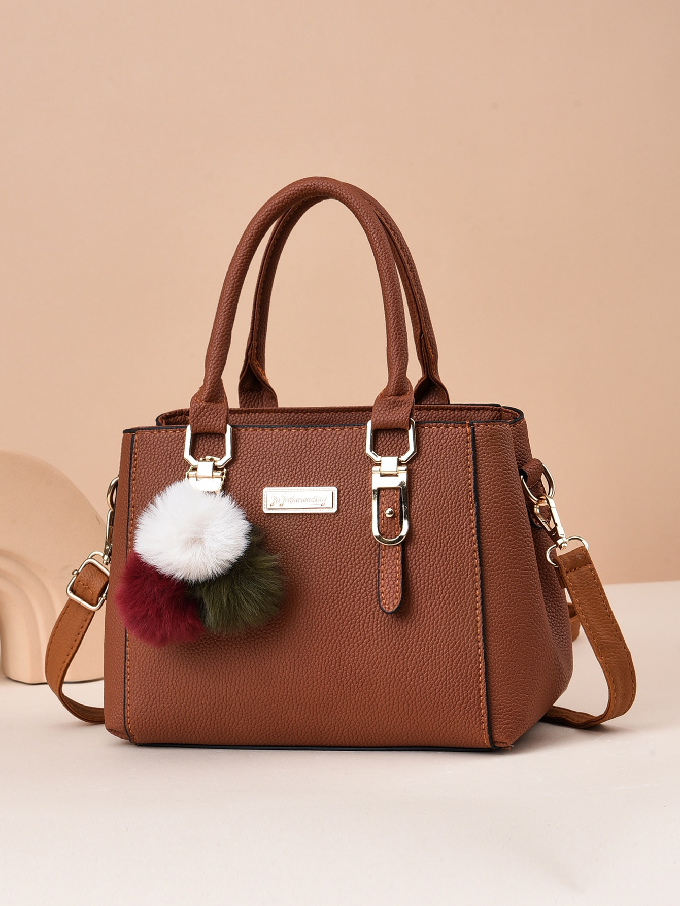 Lightweight,Business Casual Litchi Embossed Square Bag Pom Pom Decor PU, Mothers Day Gift For Mom... | SHEIN