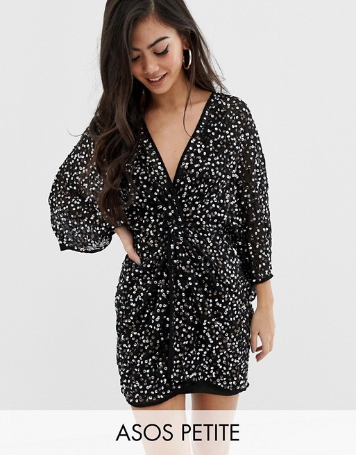 ASOS DESIGN Petite scatter sequin knot front kimono mini dress | ASOS US