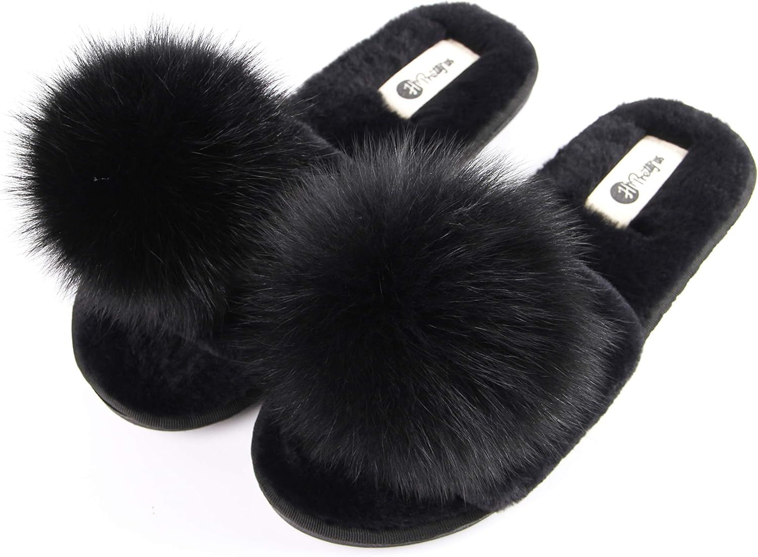 HIPRETTYUS Women Slippers with Real Fox Fur Ball, Girl Furry Cozy Warm House Slipper, Open Toe So... | Amazon (US)