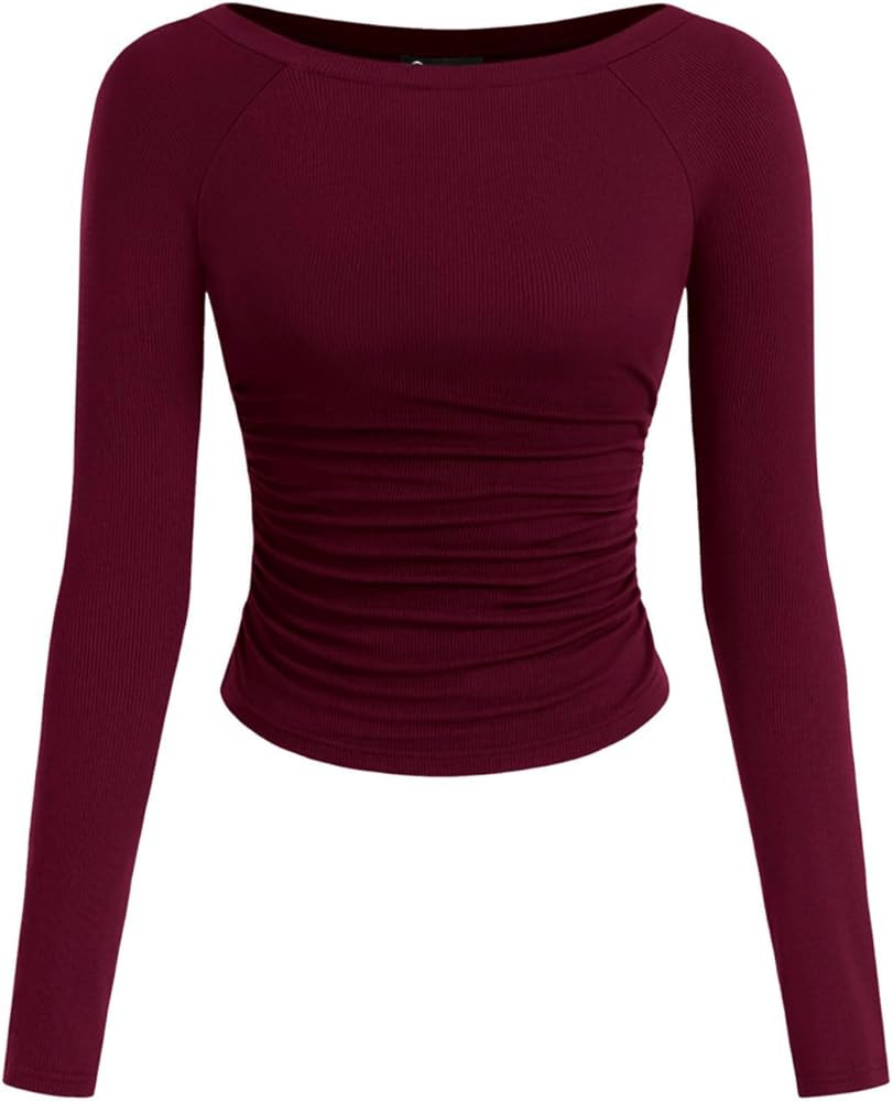 PRETTYGARDEN Long Sleeve Shirts for Women 2025 Fall Ruched Sides Boat Neck Basic Tee Casual Fitte... | Amazon (US)