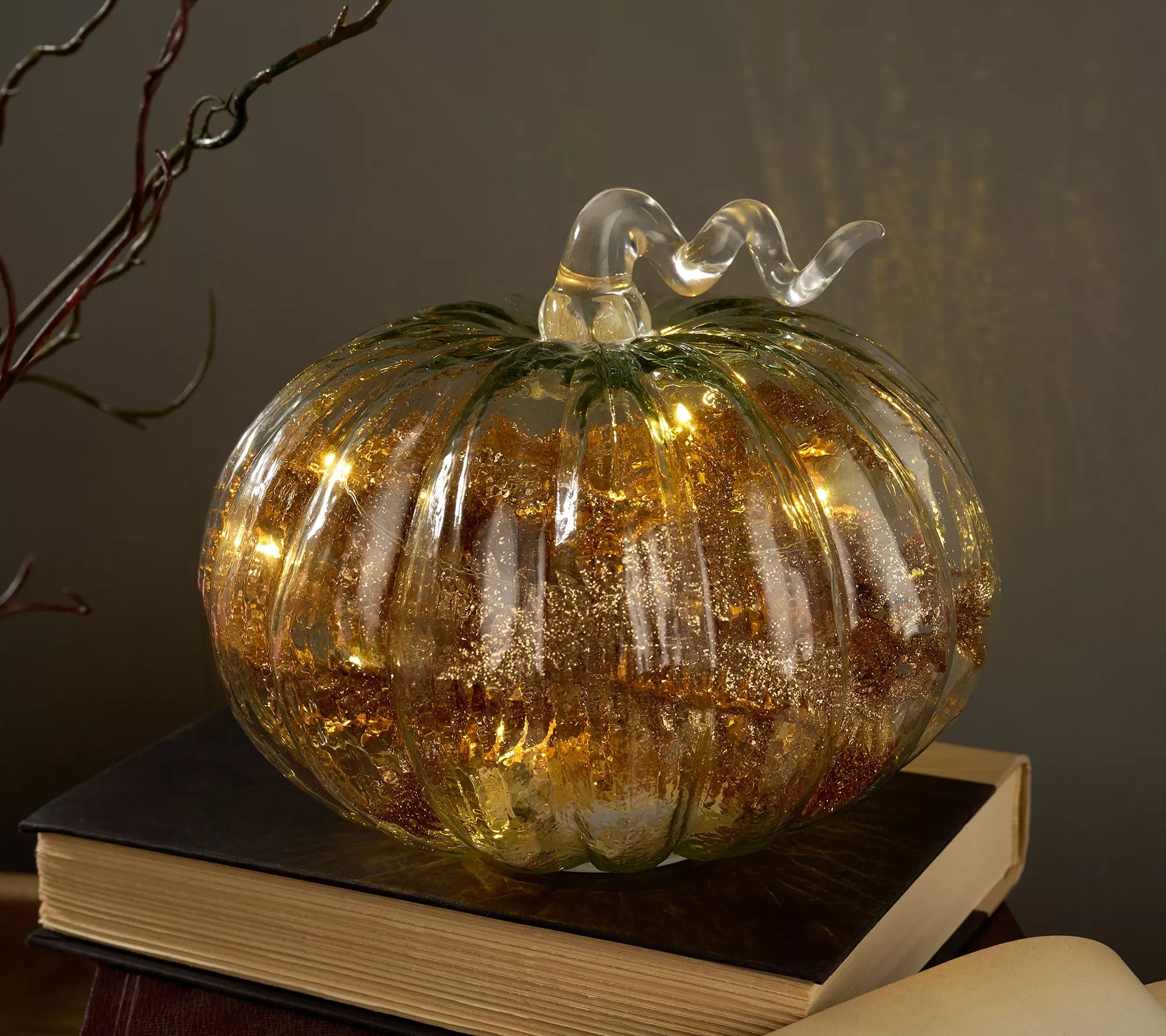 Barbara King Glass Pumpkin with Illuminated Glittered Fern - QVC.com | QVC