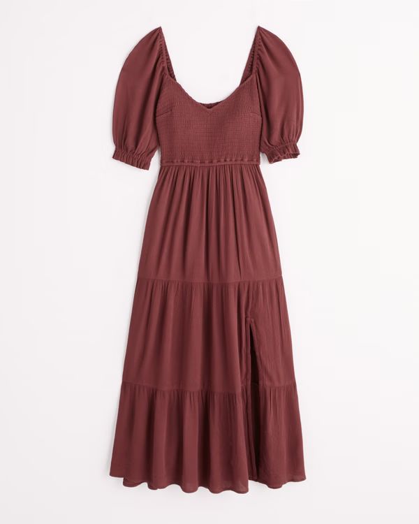 Women's Short-Sleeve Smocked Midi Dress | Women's New Arrivals | Abercrombie.com | Abercrombie & Fitch (US)