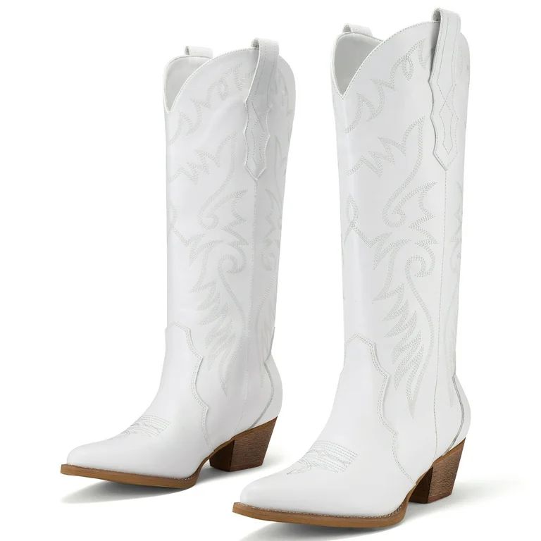 Rollda Cowboy Boots for Women Embroidered White Cowgirl Boots Knee-High Western Boots with Chunky... | Walmart (US)