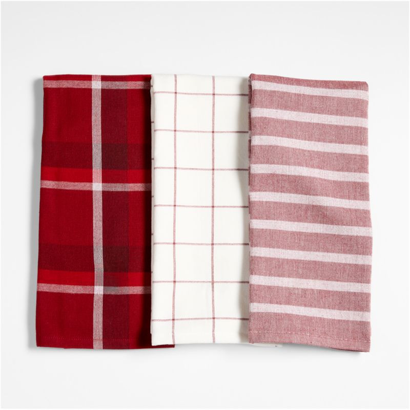 Holiday Red Plaid and Stripe Organic Cotton Kitchen Towels, Set of 3 | Crate & Barrel | Crate & Barrel
