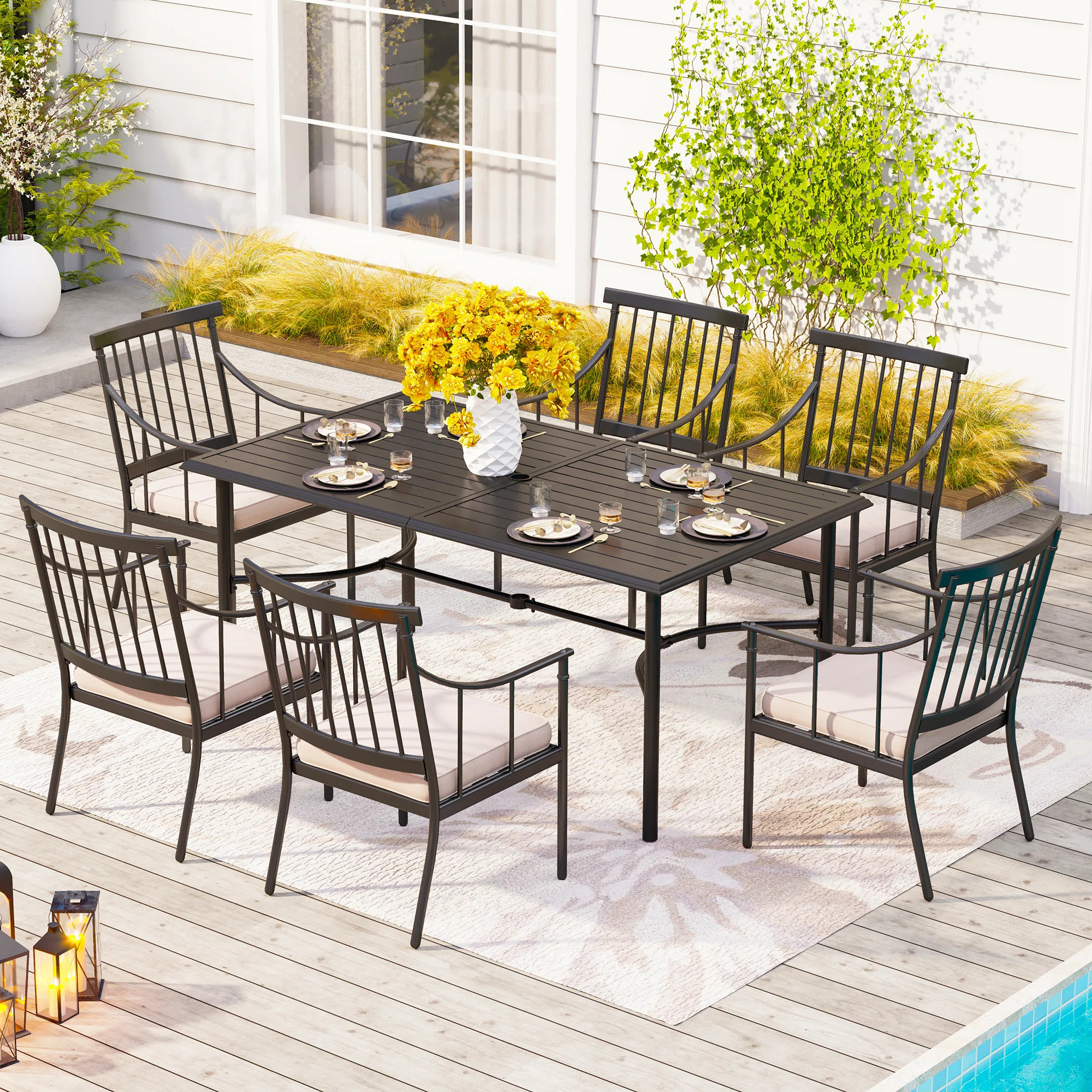 Argyri 6 - Person Metal Patio Dining Set with Rectangular Table , Cushions Included | Wayfair North America