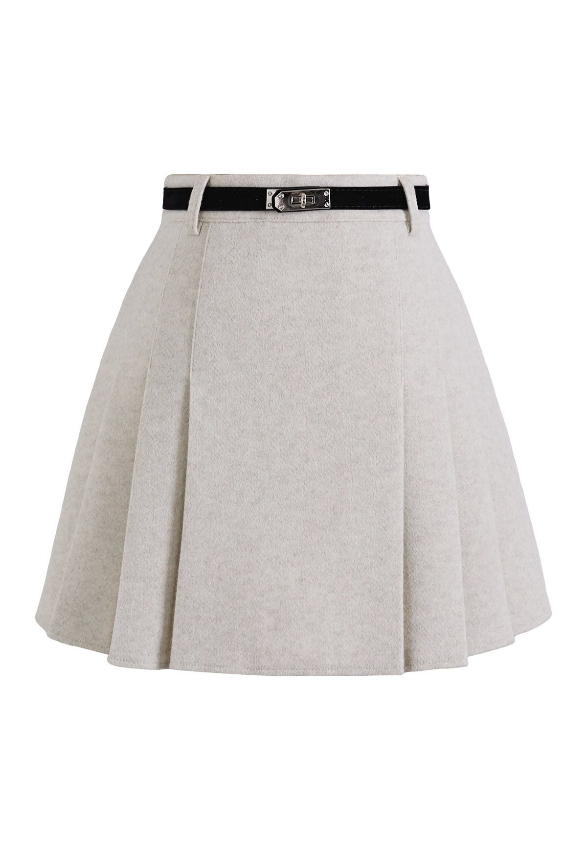 Opulent Wool-Blend Pleated Belt Mini Skirt in Ivory | Chicwish