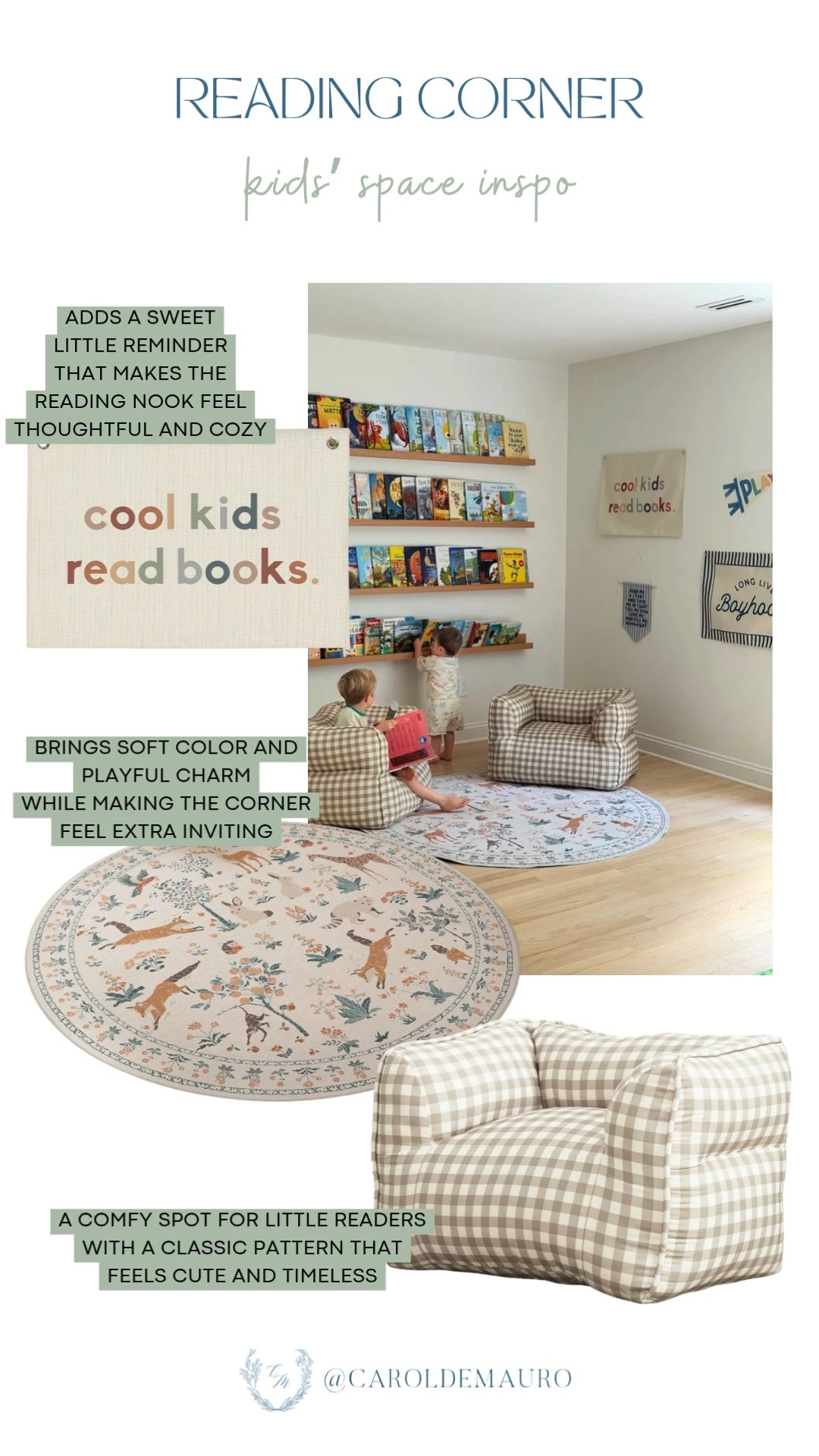 reading corner, reading nook, kids space, home inspo, play room idea, nursery styling, kids room, little bookworm, wall decor, round floor rug, cozy kids couch, home styling, interior design

#LTKBaby #LTKKids #LTKHome