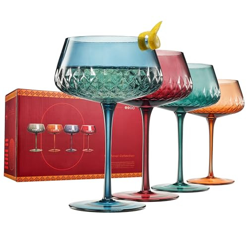 Khen Colored Glass Glasses | Set of 4 | Large Art Deco Glassware Muted Vintage Glasses for Wine, Champagne, Cocktail, Margarita, Wine Glass, Gift Idea, Muted Pastel Colors Goblets - Crystal Coupes | Amazon (US)