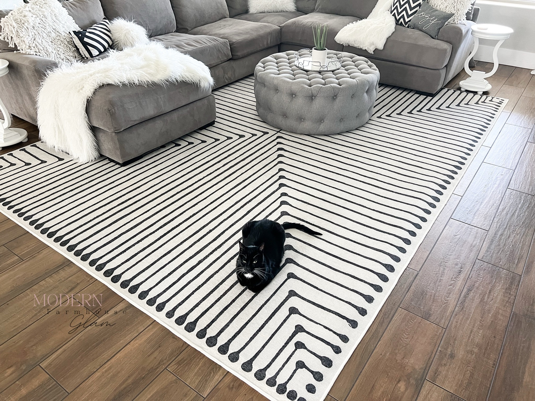 Machine washable rug, sofa sectional and ottoman at Modern Farmhouse Glam 

#LTKhome #LTKsalealert