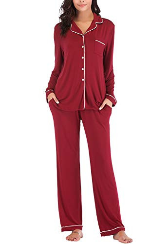 Pajama Set for Women Modal Sleepwear Long Sleeve Button Down Sets Red L | Amazon (US)