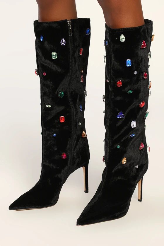 Maya Glam Black Velvet Rhinestone Pointed-Toe Knee-High Boots | Lulus (US)
